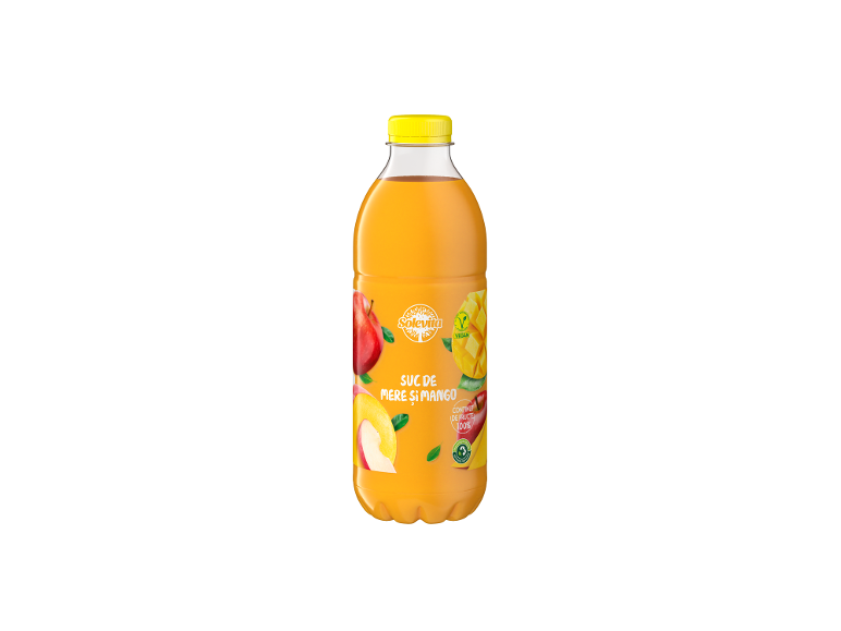 Suc de fructe în sticlă cu imagini de măr și mango, text 'SUC DE MERE ȘI MANGO'.