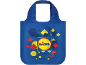 Geantă de cumpărături reutilizabilă albastră cu modele geometrice colorate și un logo central.