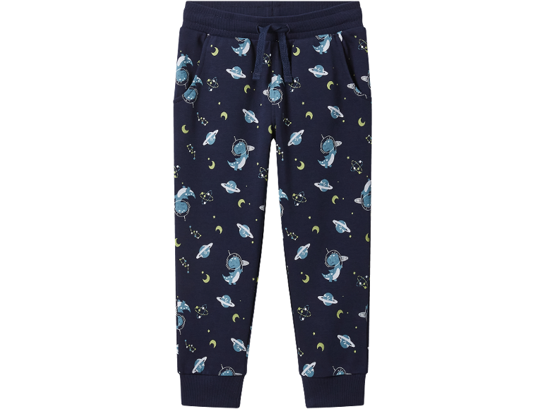 Pantaloni de trening albaștri cu imprimeu de dinozauri astronauți și planete