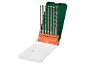 Set de burghie pentru beton într-o carcasă verde și portocalie, cu mărimile 5, 6, 8, 10 și 12.