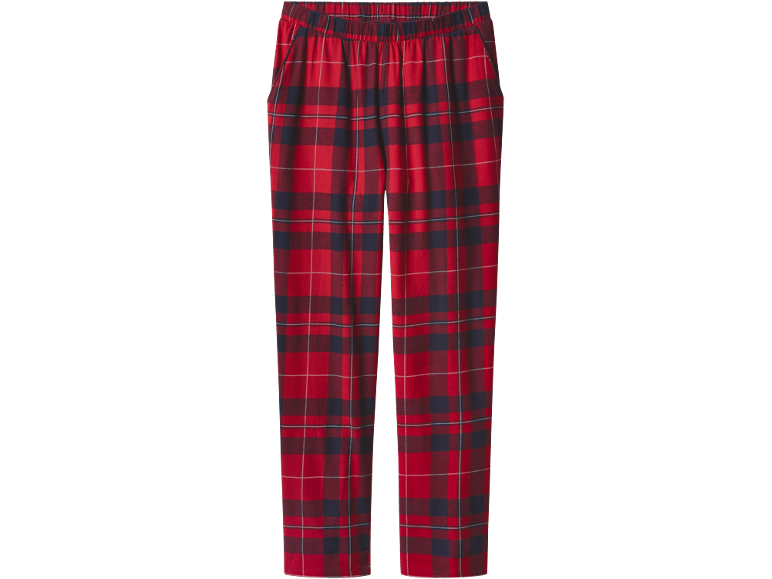 Pantaloni roșii în carouri cu talie elastică.
