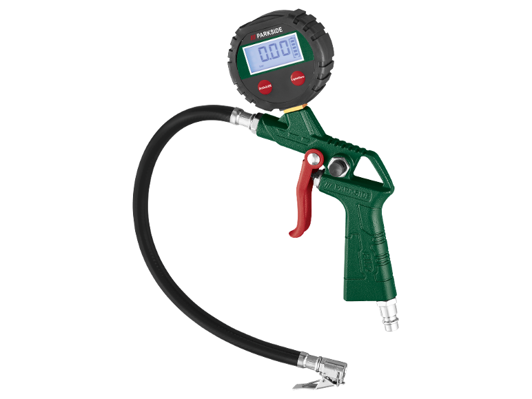 Manometru digital pentru anvelope cu mâner tip pistol verde și furtun negru.