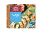 Cutie de gyoza congelată cu creveți, cu certificări pentru fructe de mare sustenabile.