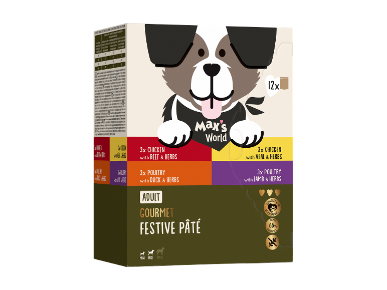 Asortiment de hrană pentru câini: 12 pachete de pate gourmet cu pui, vită, rață, vițel și miel.