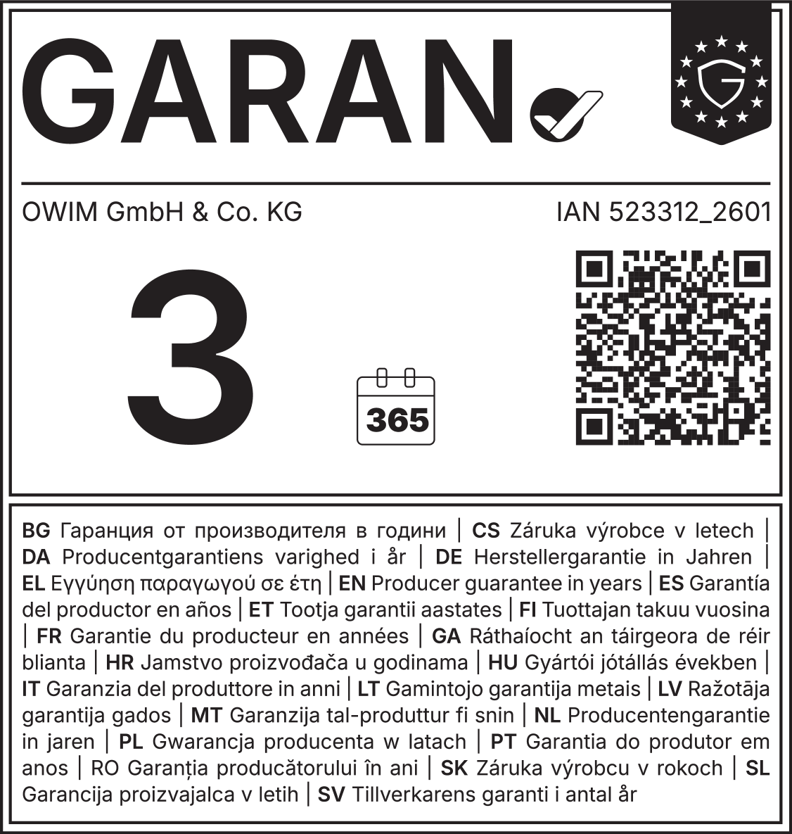 Garanție 3 ani, 365 de zile. Producător: OWIM GmbH & Co. KG. IAN 523312_2601.