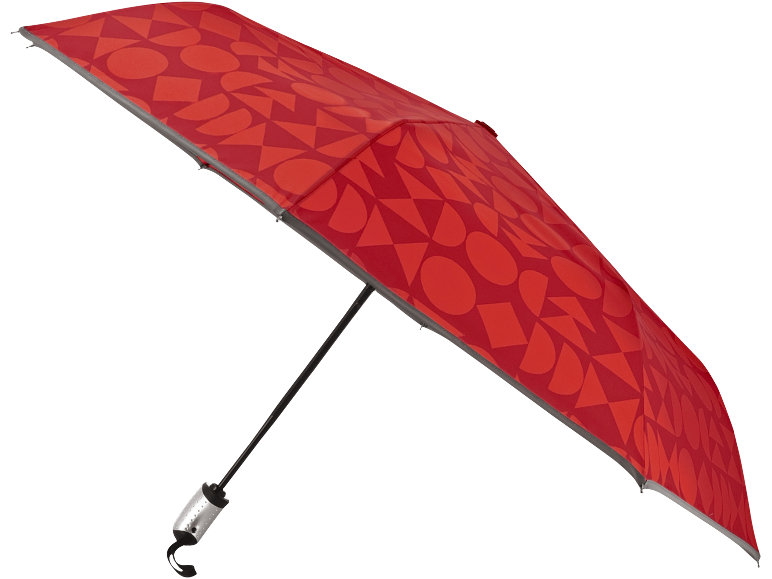 Umbrelă roșie cu model geometric de cercuri, pătrate și triunghiuri.
