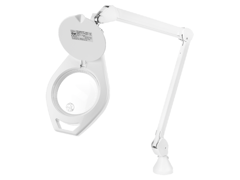 Lampă LED albă cu lupă și braț reglabil, 6.3W, fabricată în 04/2024.