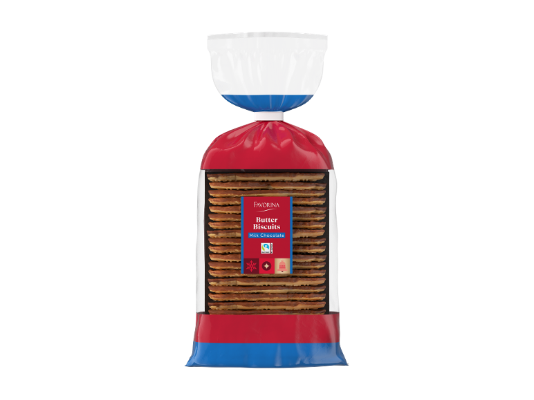 Ambalaj de biscuiți cu unt și ciocolată cu lapte, cu etichetă Fairtrade.