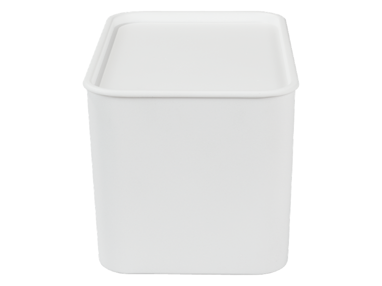 Recipient pătrat din plastic alb cu capac.