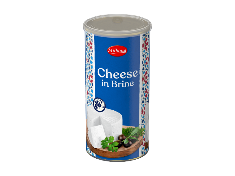Conservă de brânză în saramură cu bucăți de brânză, măsline și ierburi aromatice.