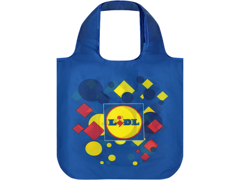 Geantă de cumpărături reutilizabilă albastră cu modele geometrice colorate și un logo central.