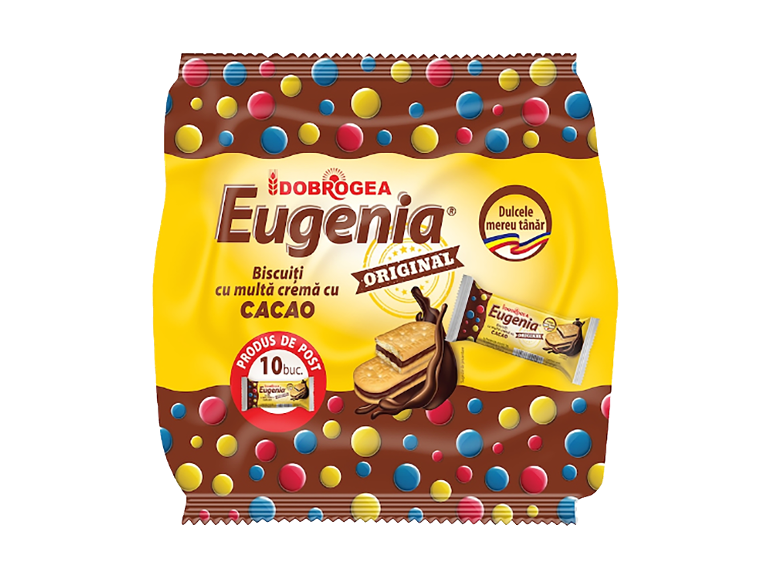Ambalaj de biscuiți cu cacao și cremă, cu textul „Dulcele mereu tânăr”.