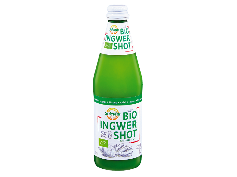 Sticlă de shot de ghimbir verde cu măr și lămâie, cu textul BIO INGWER SHOT.