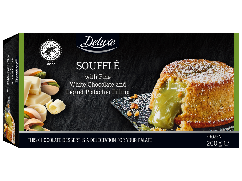 Soufflé cu ciocolată albă și umplutură lichidă de fistic, certificat Rainforest Alliance.