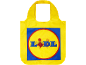 Geantă de cumpărături reutilizabilă galbenă cu logo-ul magazinului.