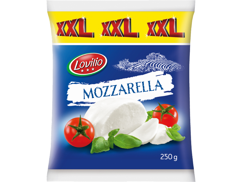 Ambalaj XXL de mozzarella cu roșii și busuioc, greutate 250 g.