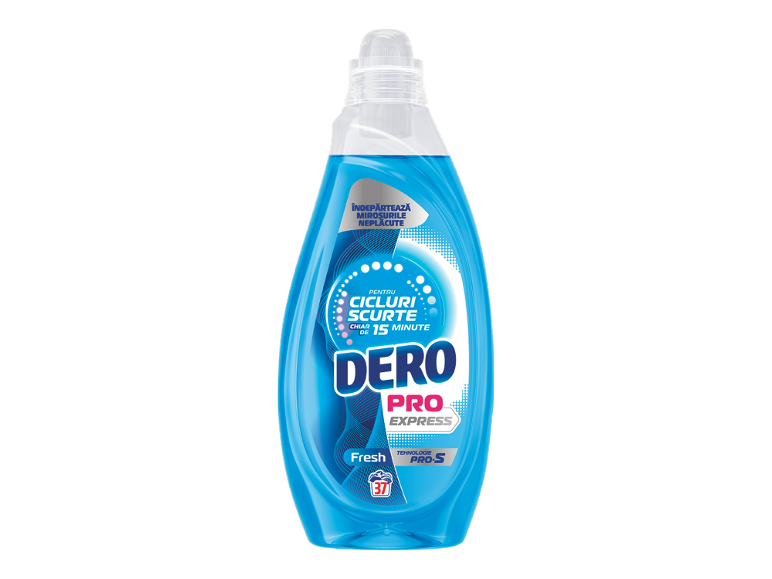 Detergent de rufe albastru pentru cicluri scurte de spălare, elimină mirosurile neplăcute.