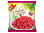 Pungă de zmeură congelată, cu textul 'Himbeeren erntefrisch tiefgefroren' și 'GEEIGNET FÜR Smoothies'.