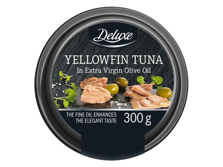 Ton galben în ulei de măsline extravirgin, 300 g, cu măsline și ierburi.