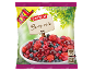 Pungă de amestec de fructe de pădure congelate cu căpșuni, zmeură, afine și cireșe, indicând 1 kg și timpi de preparare.