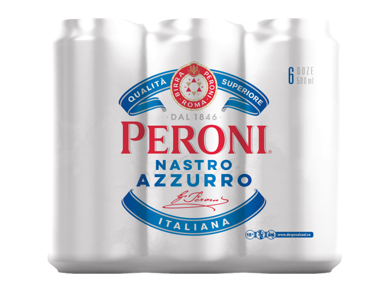 Pachet de șase doze albe de bere cu logo albastru-roșu, 500 ml fiecare.