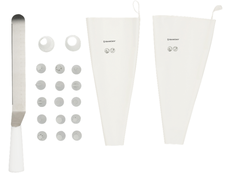 Set de decorare torturi cu spatulă, 16 duze și două poșuri.