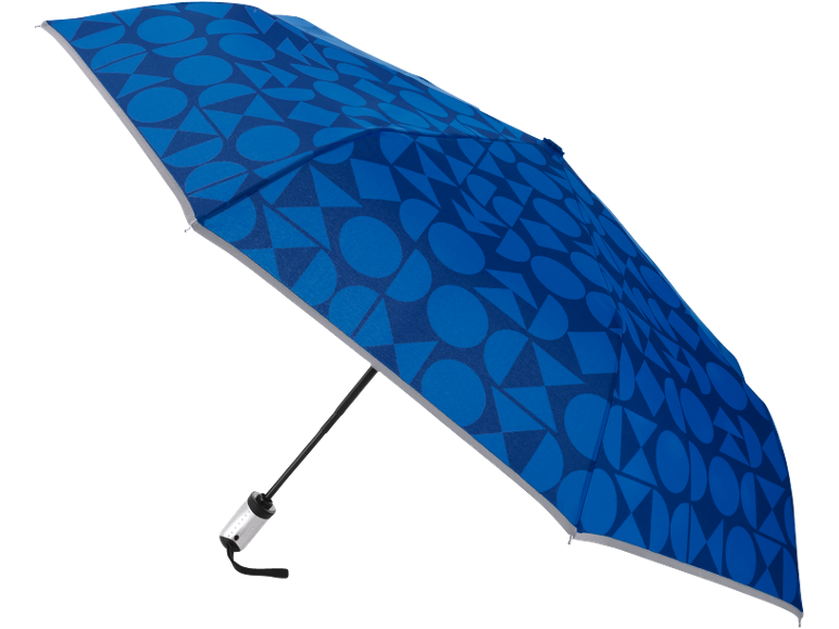 Umbrelă albastră cu model geometric de cercuri și triunghiuri