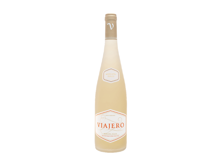 Sticlă de vin alb dulce muscat cu etichetele „Viajero” și „Moscatel Dulce”.