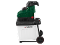 Tocător de grădină electric verde și negru cu recipient de colectare alb și roți.
