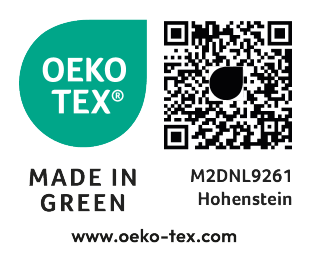 Etichetă OEKO-TEX MADE IN GREEN cu codul M2DNL9261 Hohenstein și cod QR.
