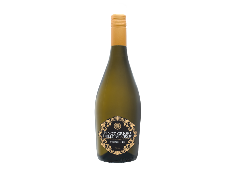 Sticlă de vin alb cu dop auriu și etichetă negru-aurie