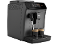 Espressor automat gri închis cu două cești de espresso, afișaj digital și panou lateral texturat.