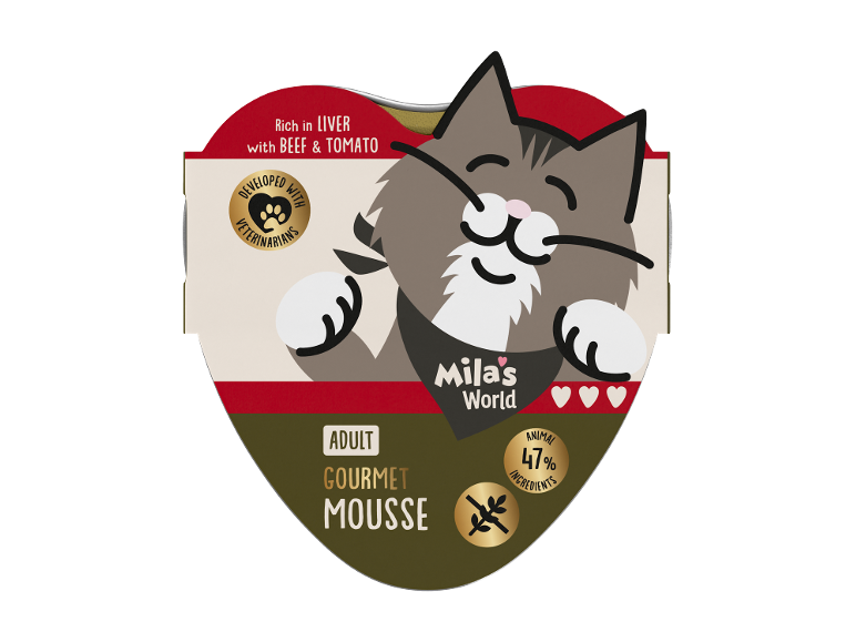 Ambalaj de hrană pentru pisici cu ilustrație de pisică și text: Rich in LIVER with BEEF & TOMATO, ADULT GOURMET MOUSSE.