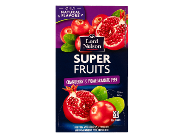Ambalaj de ceai de fructe cu aromă de merișoare și rodie, cu textul „Super Fruits”.