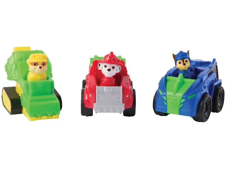 Trei vehicule de jucărie cu figurine de căței: unul verde, unul roșu și unul albastru.