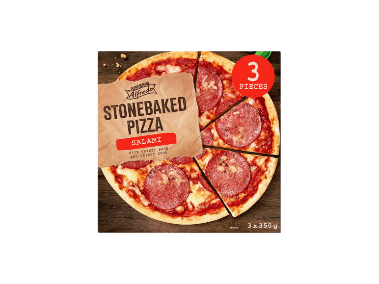 Pizza cu salam coaptă pe piatră cu bază și margine crocante, 3 bucăți a 350g.