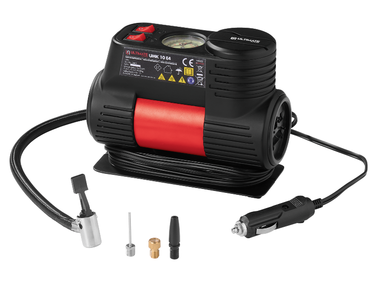Compresor de aer portabil cu accesorii, inclusiv un adaptor auto de 12V.