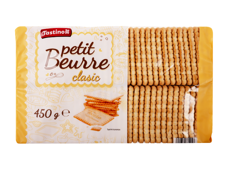 Ambalaj de biscuiți cu unt cu textul „petit beurre clasic” și greutatea de 450 g.
