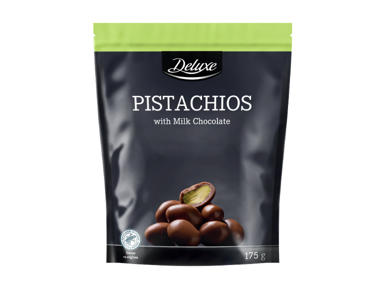 Fistic cu ciocolată cu lapte în ambalaj negru, 175 g.