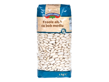 Pungă de fasole albă cu textul „Fasole albă cu bob mediu” și „1 kg e”.