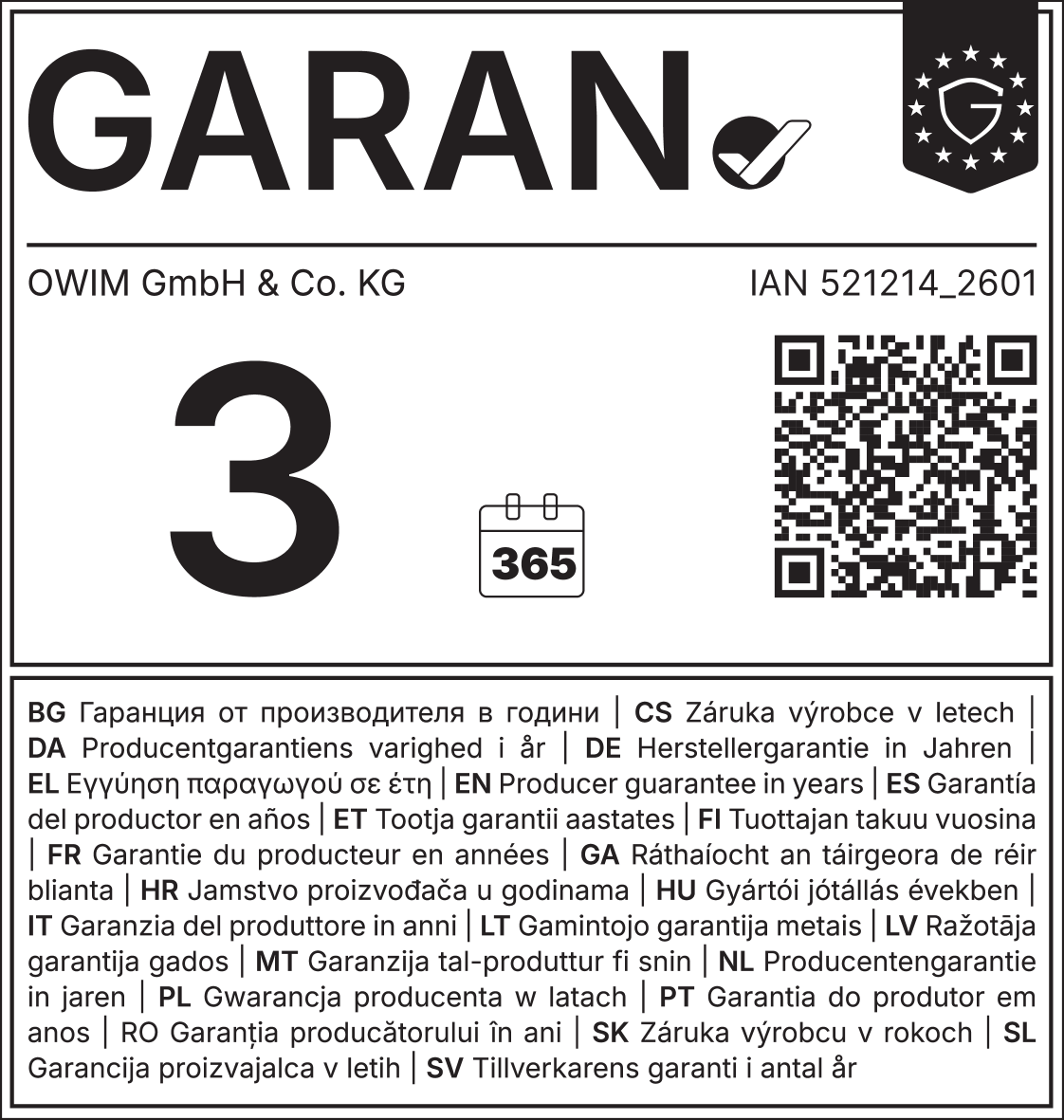 Sigiliu de garanție a producătorului de 3 ani (365 de zile), IAN 521214_2601.