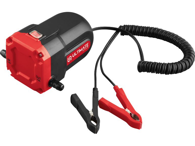 Pompă electrică de transfer de combustibil cu cleme crocodil și cablu spiralat.