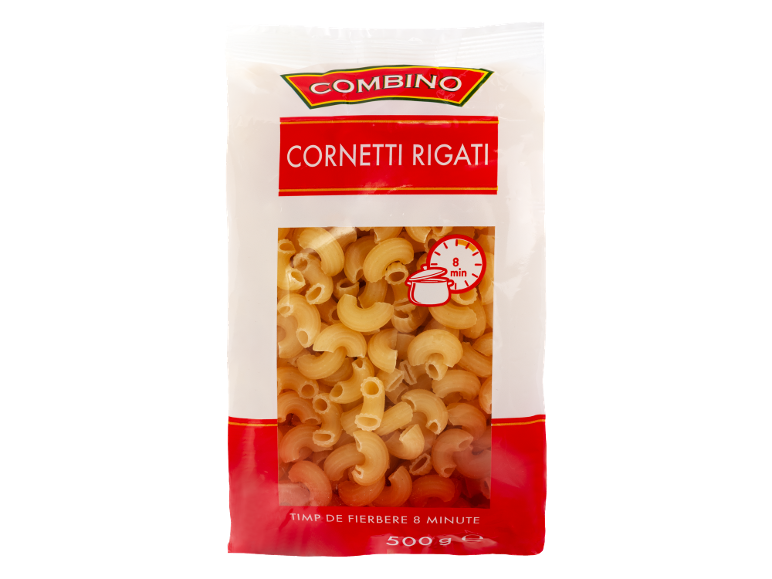 Pungă de paste cornetti rigati cu textul „CORNETTI RIGATI” și timp de fierbere „8 min”.