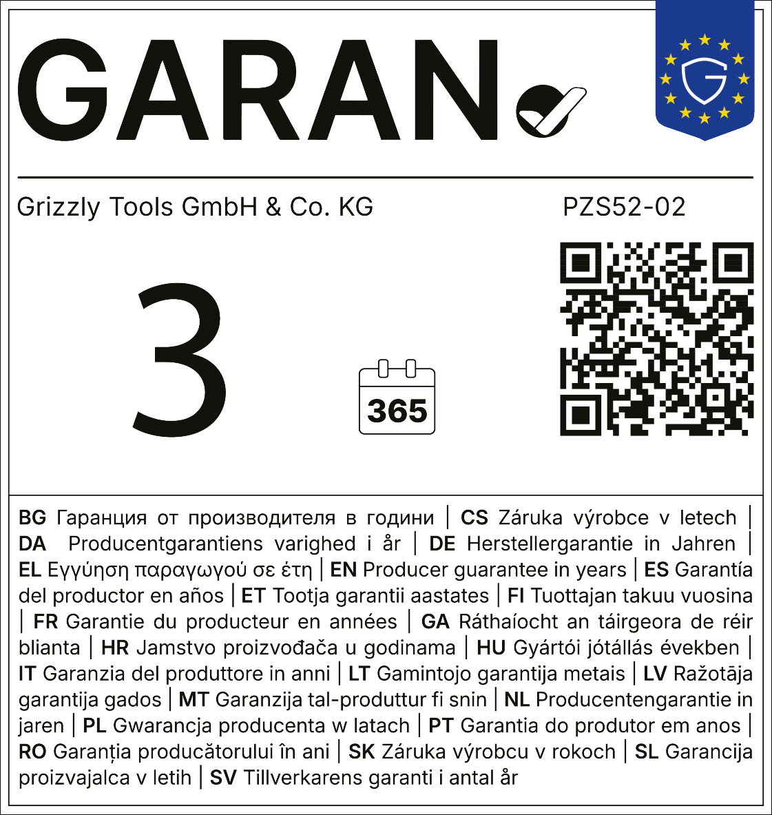 Garanție 3 ani, 365 zile, PZS52-02.