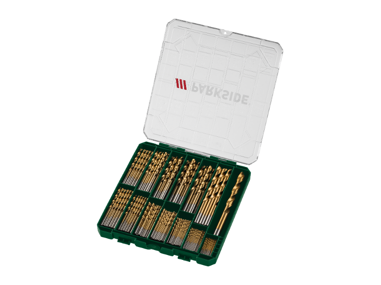 Un set de burghie aurii de diferite dimensiuni într-o carcasă verde cu capac transparent.