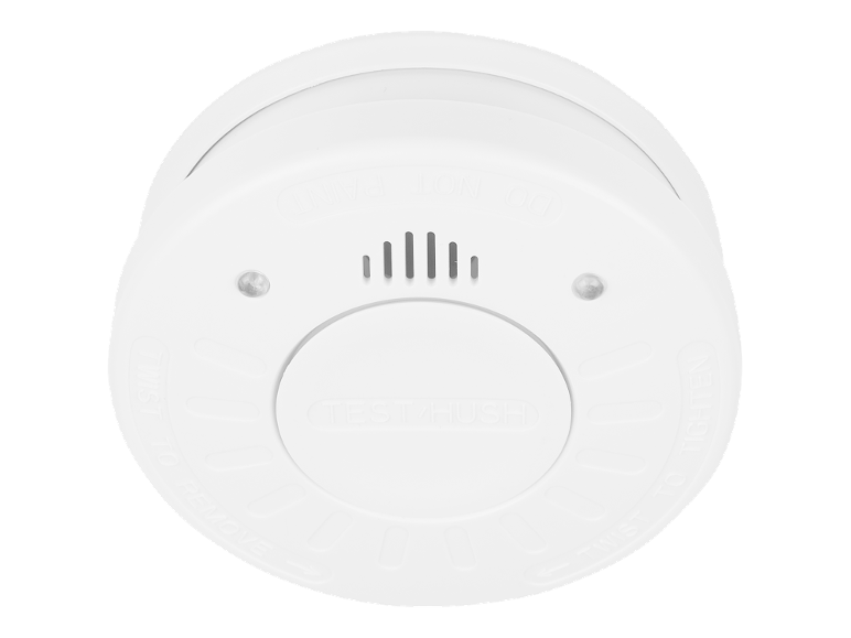 Detector de fum rotund alb cu buton de testare/silențios și instrucțiuni de răsucire