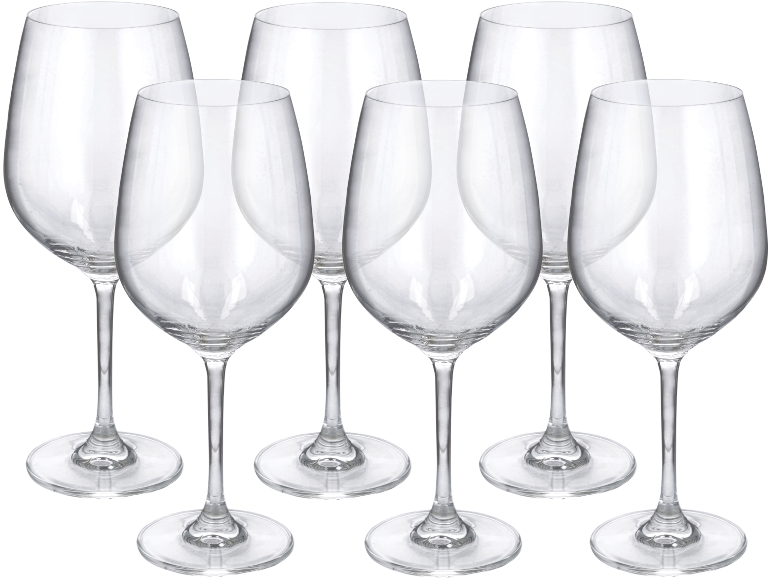 Șase pahare de vin transparente cu tulpini lungi și cupe largi pe un fundal negru.