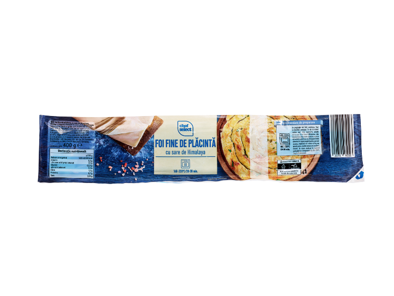 Ambalaj foi fine de plăcintă cu sare de Himalaya, 400g, cu instrucțiuni de preparare și valori nutriționale.