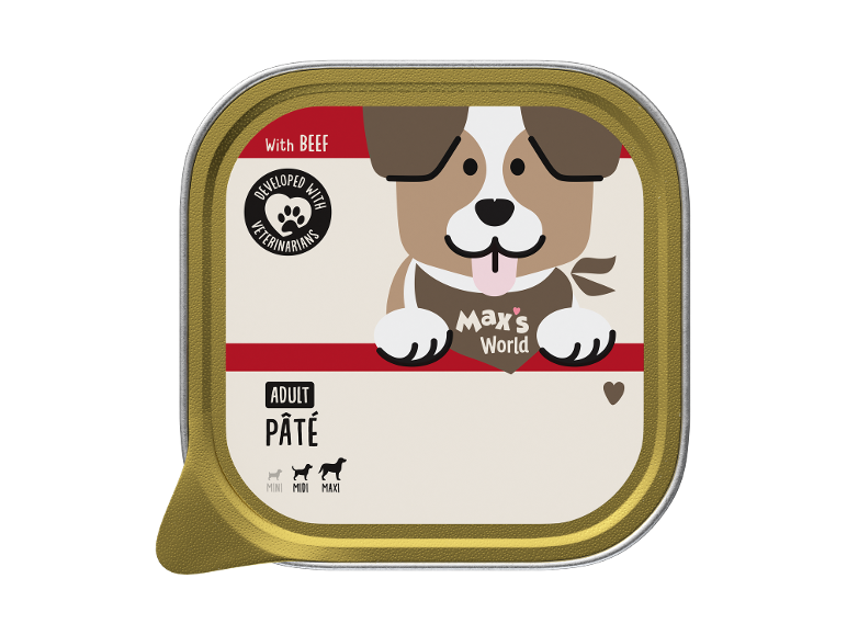 Conservă de hrană pentru câini cu un câine de desene animate, text „With BEEF”, „ADULT PÂTÉ” și „DEVELOPED WITH VETERINARIANS”.