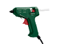 Pistol de lipit verde cu declanșator roșu și baton de lipici alb
